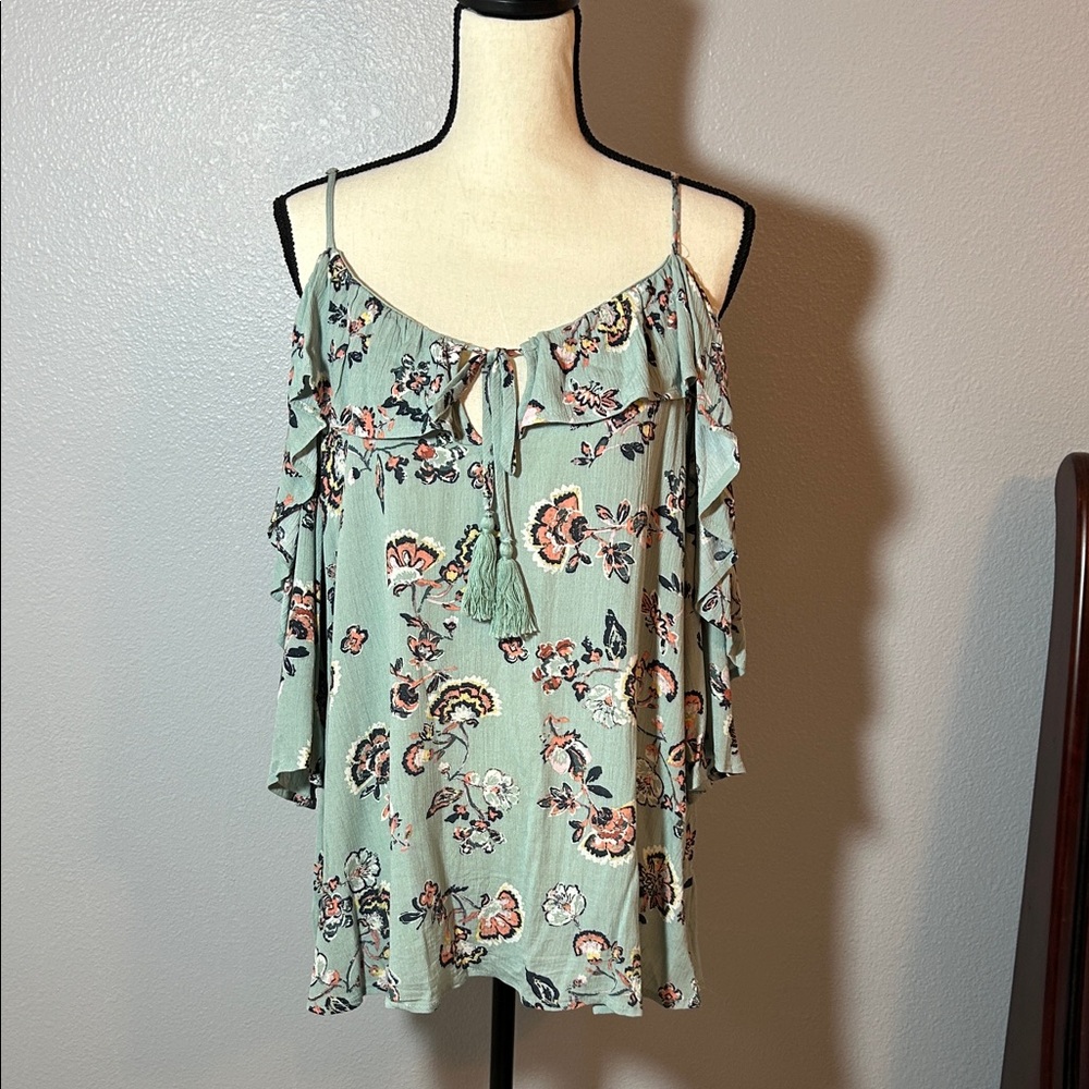 Maurices Floral Ruffle Cold Shoulder Blouse - Light Green